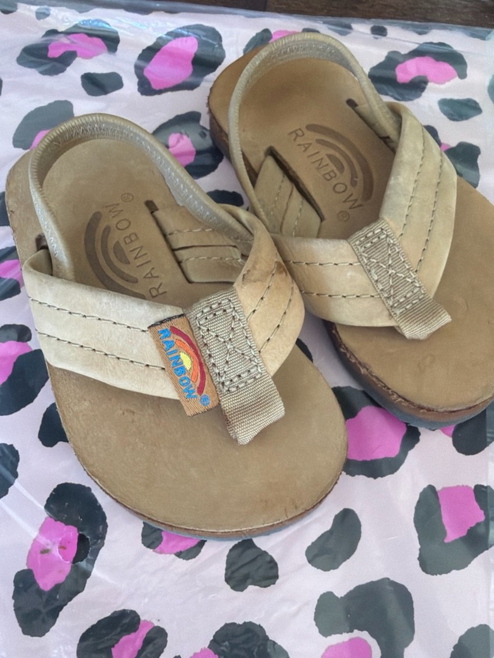 Rainbow Kids Tan Leather Flip Sandals